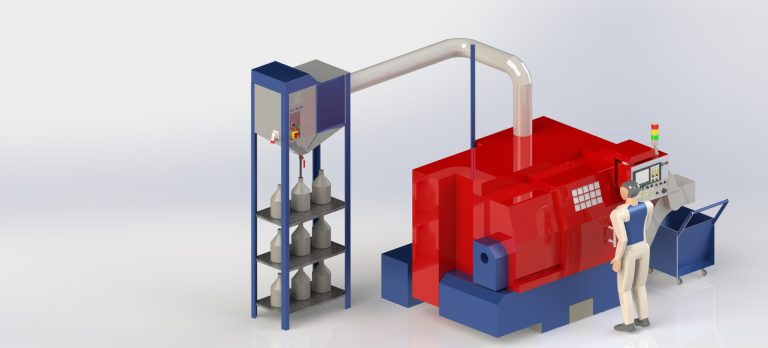 3D layout of an ALWO NO MIST unit connected to a lathe