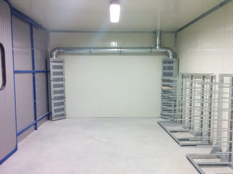 ALWO drying room with air-distribution ductwork and racks