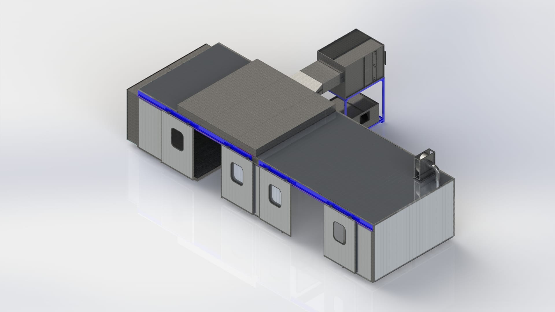 3D view of an ALWO pressurised spray and drying enclosure with water-curtain filtration