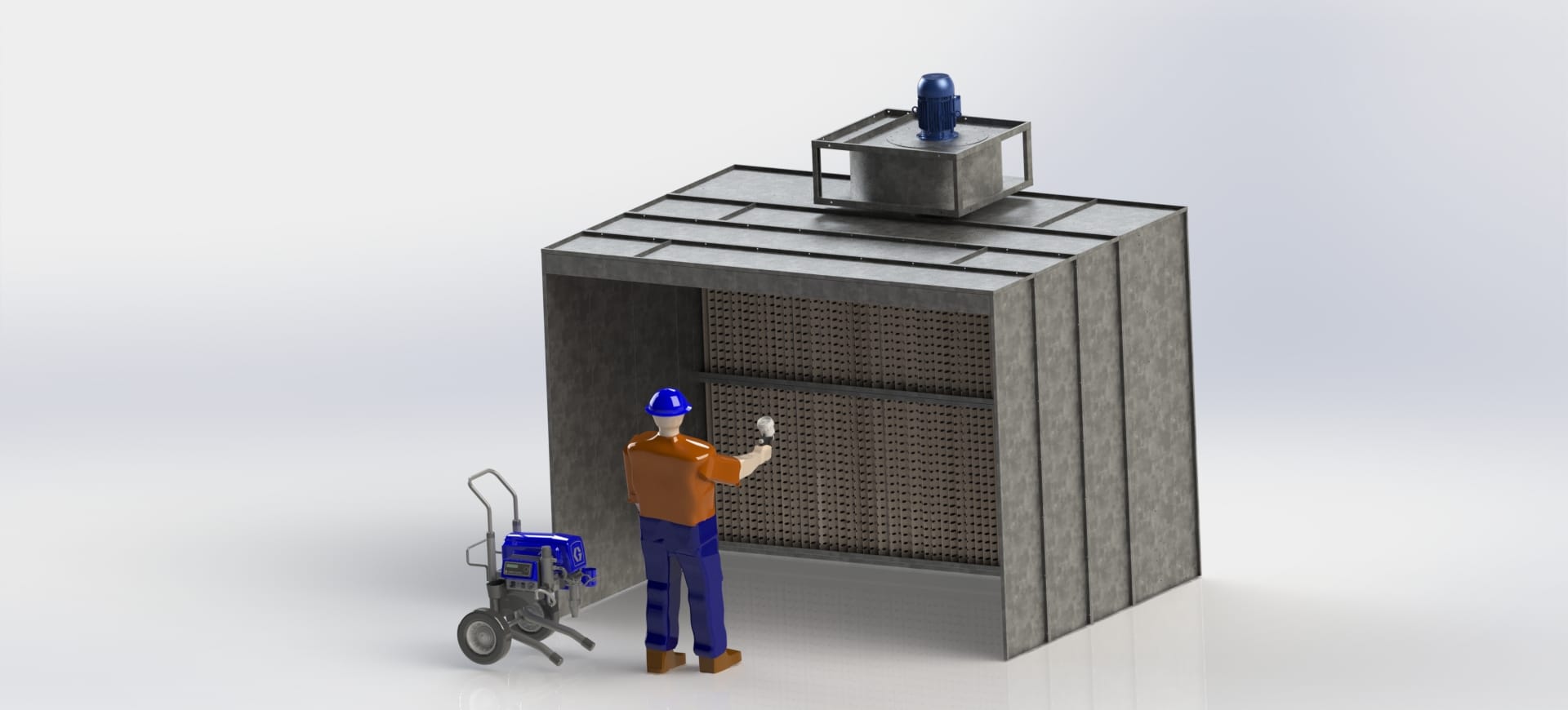 3D view of an ALWO V open-face spray booth with dry filters