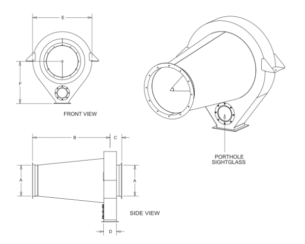 Dimensional drawing for an inline horizontal cyclone
